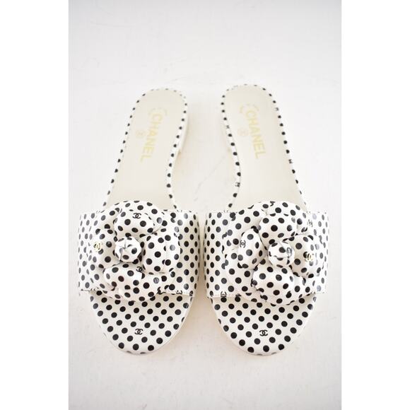 Chanel 24P Black White Camellia Flower Polka Dot CC Logo Mule Slide Sandal 38 - Picture 3 of 15